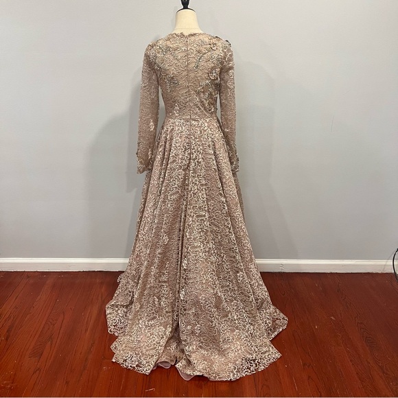 Mac Duggal Embellished Illusion Long Sleeve A line Gown In Mocha Pink - Reemoly - Picture 11 of 17